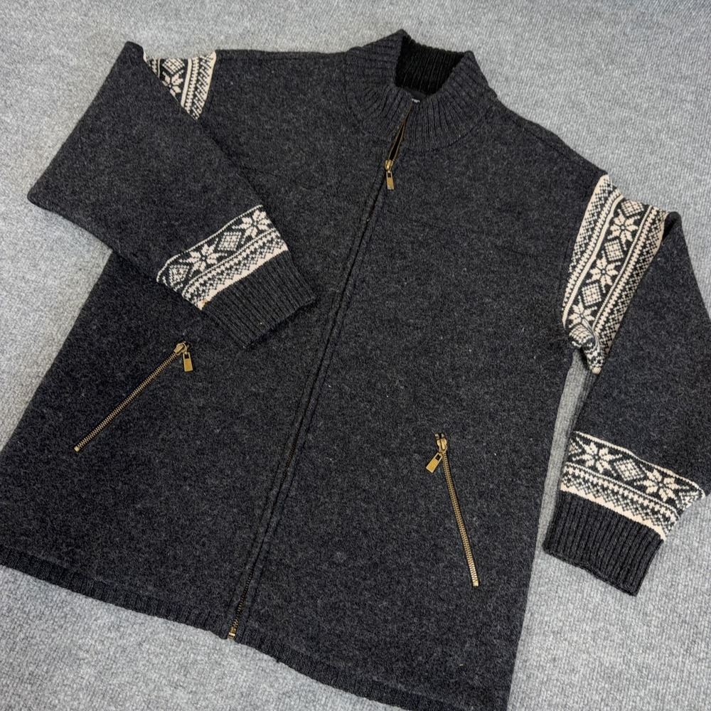 Vintage Nordic Design Sweater Women Medium Gray Full Zip Pockets Fair Isle